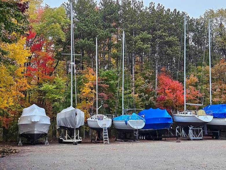 Several covered sailboats are stored outdoors in front of colorful autumn trees, parked in a row for the offseason.