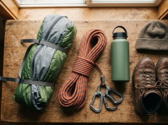 Hiking gear organized on a table.