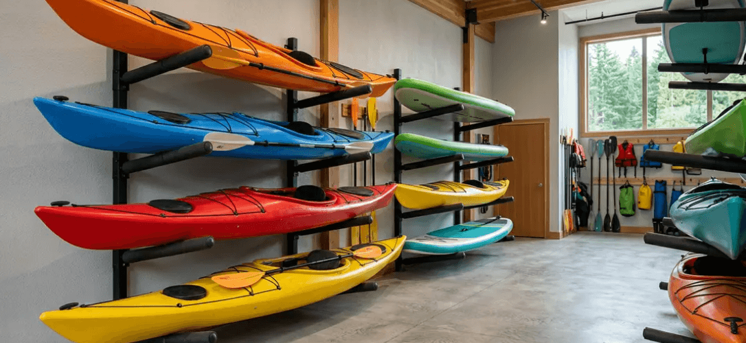 Displayed kayaks and paddleboards.