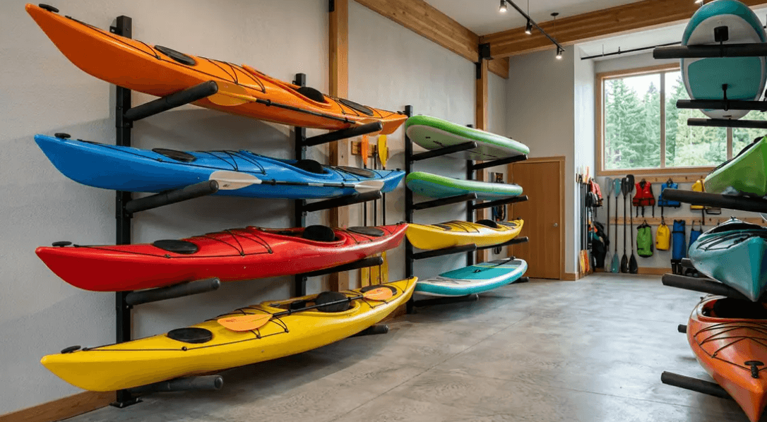 Displayed kayaks and paddleboards.