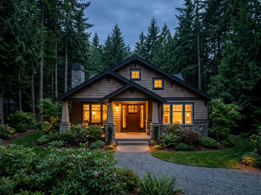 A cozy cabin in the woods has its lights on as the sun sets.
