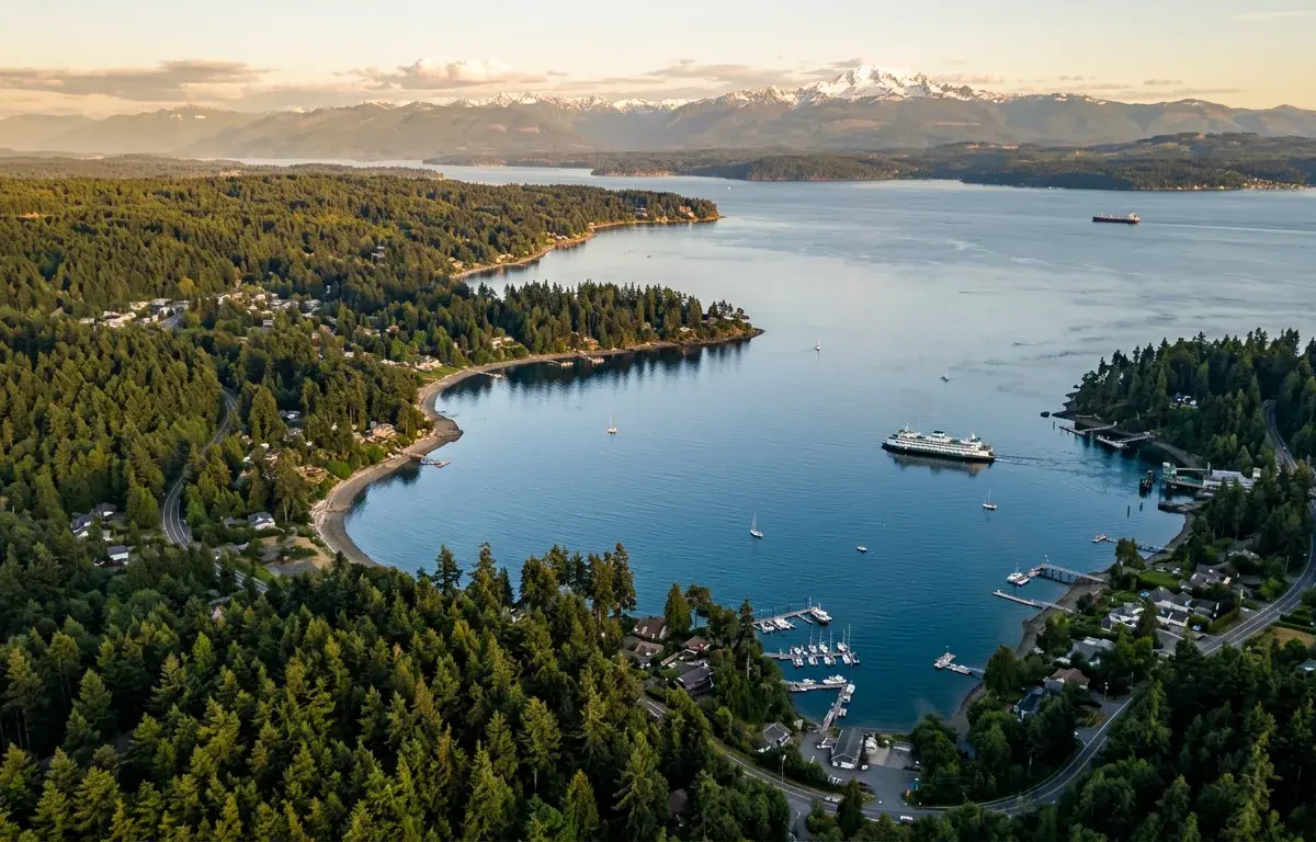 A bird’s-eye view of a peninsula with a harbor surrounded by dense forest.