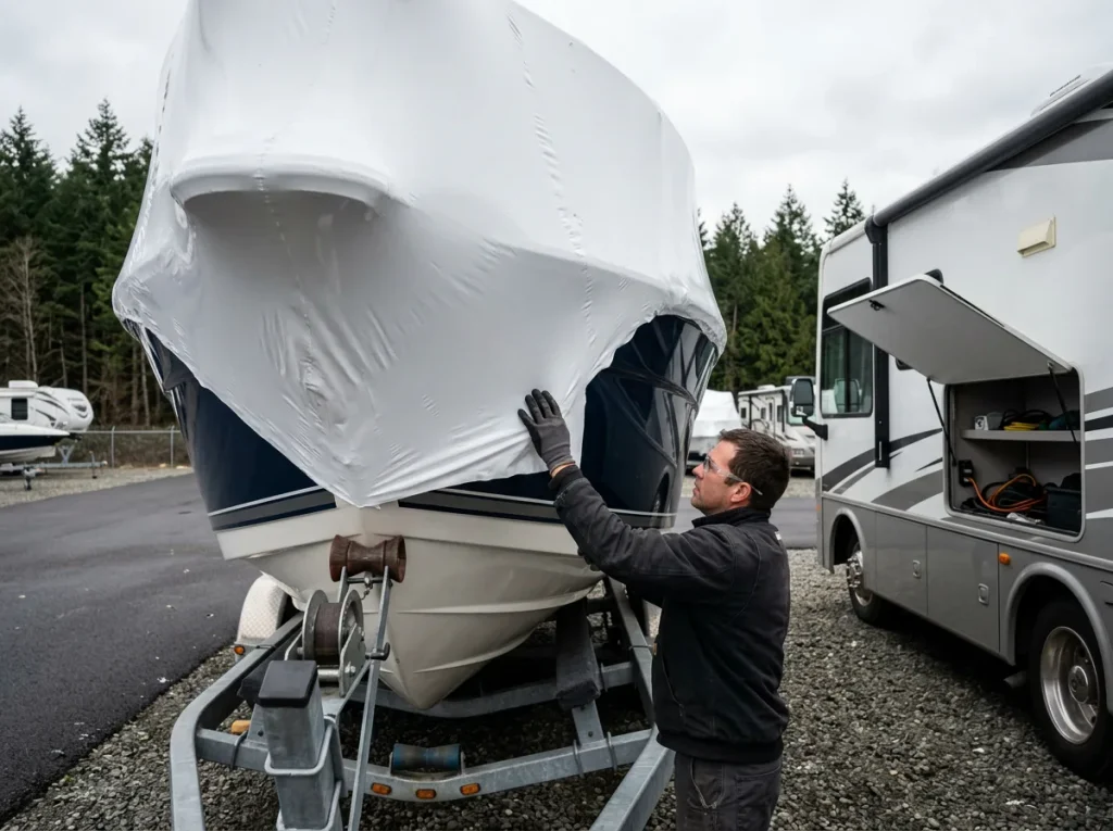 A man inspects the tarp covering his boat as he prepares to put it in storage.
