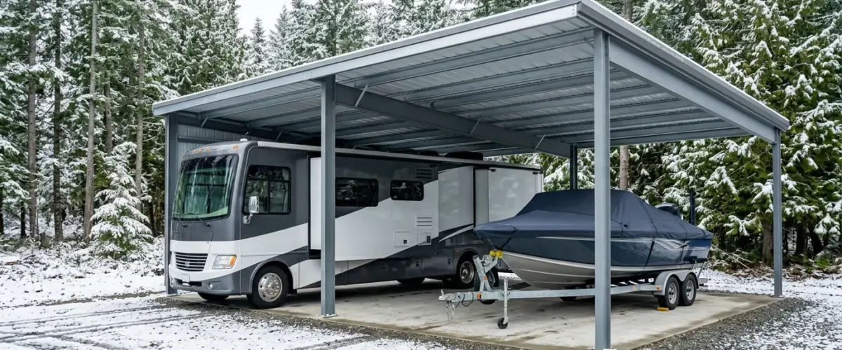 An RV and a tarp-covered boat sit shielded from the sun in covered vehicle storage.