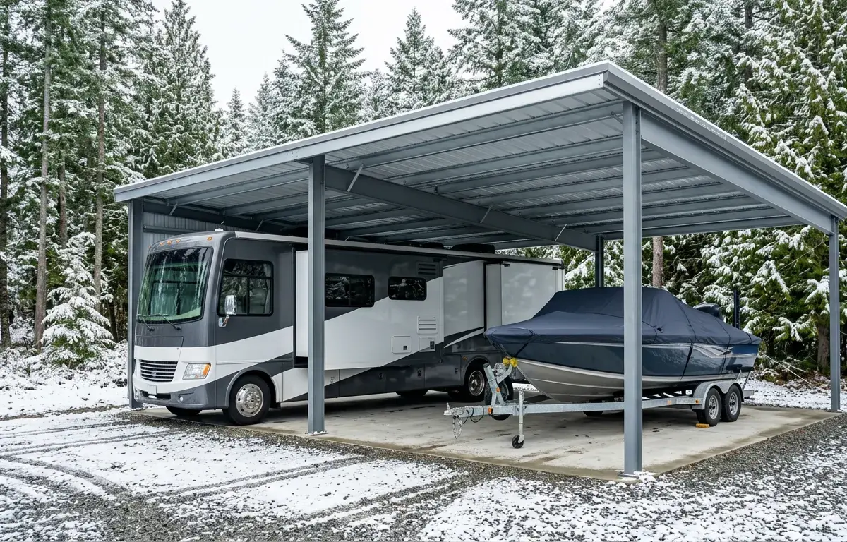 An RV and a tarp-covered boat sit shielded from the sun in covered vehicle storage.